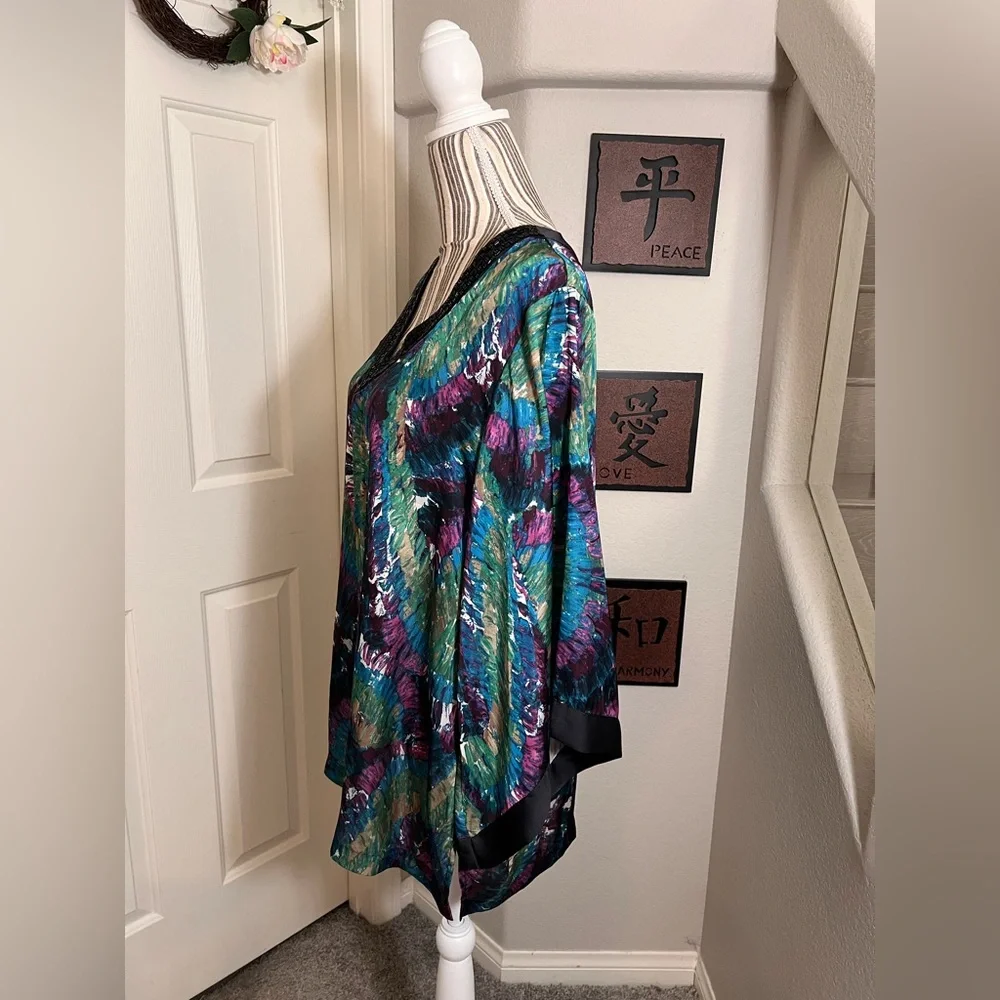 DANA BUCHMAN NWOT $54 ELECTRIC MIX LYONS BEADED BLOUSE TUNIC KIMONO SIZE XL - Picture 3 of 12